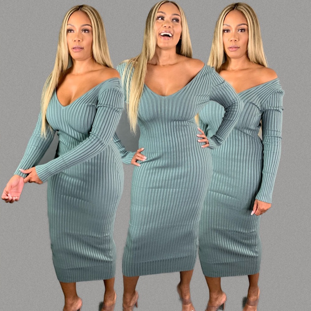 Sage Off Shoulder Midi sweater dress